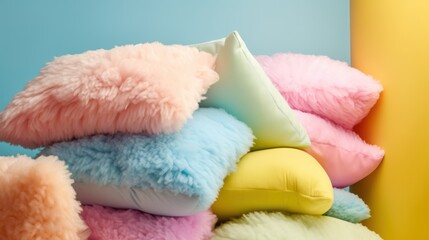 Colorful Pillows Stacked Against a Blue and Yellow Wall