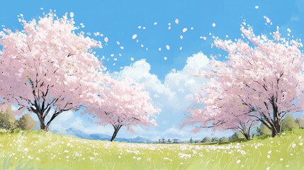 Naklejka premium Cheerful Springtime Landscape with Cherry Blossom Trees 