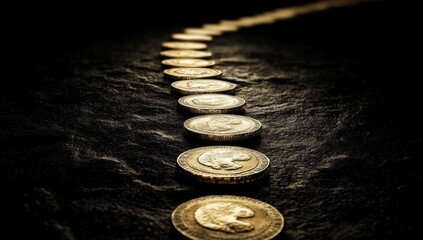Fototapeta premium Line coins dark textured surface are arranged straight Increase revenue profit growth