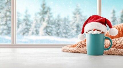 Fototapeta premium Christmas morning scene with a coffee mug wearing a Santa hat