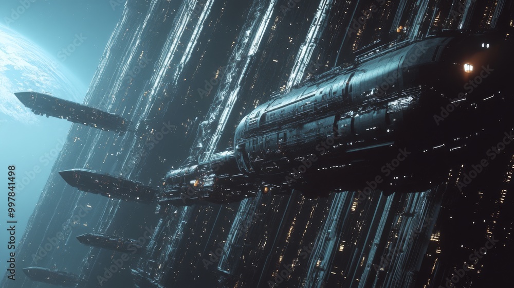 Poster A sleek spacecraft glides through a vast galaxy surrounded by towering structures and shimmering stars. The blue planet looms in the background, creating an awe-inspiring cosmic landscape.
