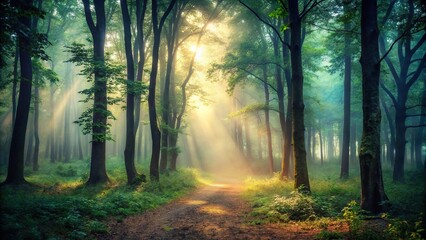 Obraz premium Enigmatic mist in the forest and beautiful natural scenery