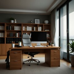 a desk with a computer and a keyboard and a cup of pencils.