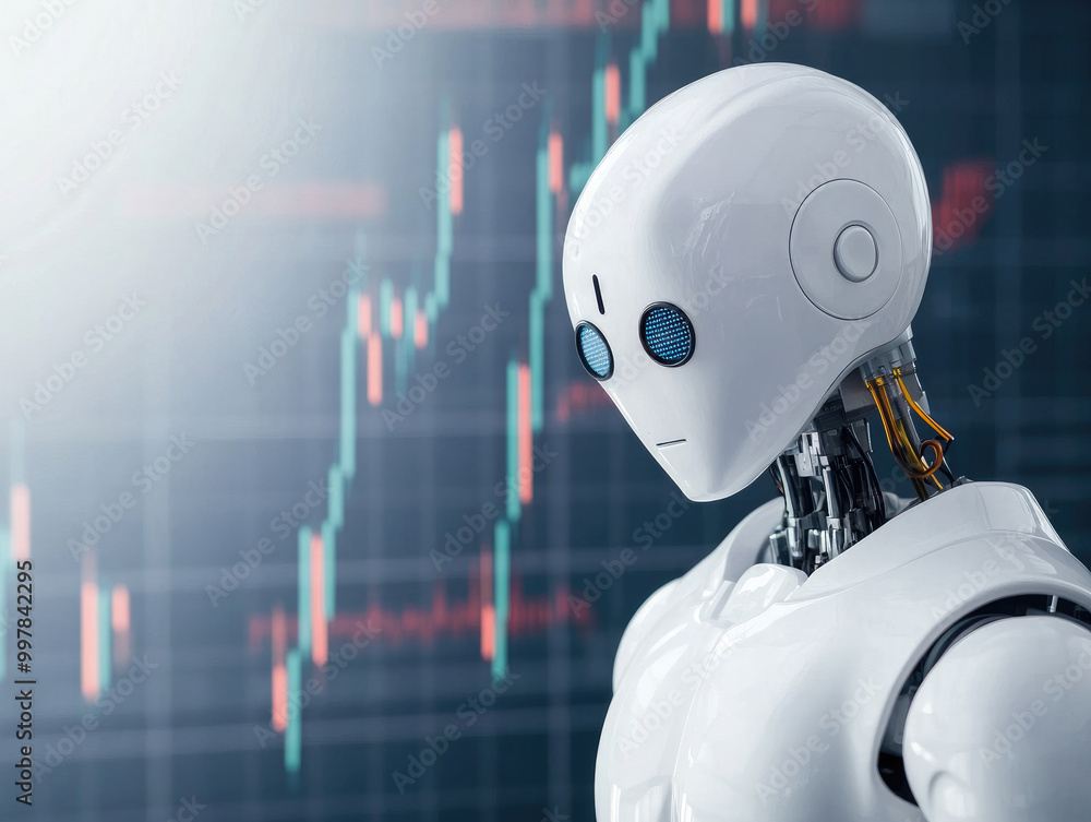 Poster explore how ai-driven robotic eyes track multiple moving stock graphs, enhancing financial trend ana