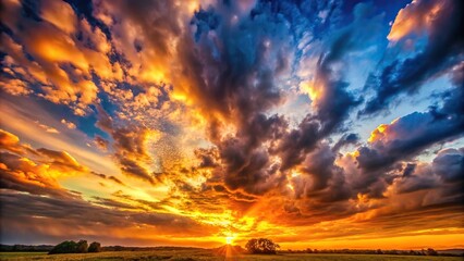 Epic cloudy sunset or sunrise landscape viewed from the ground