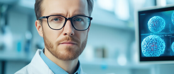 A scientist in a biotech lab utilizes AI-driven analysis on digital screens to study cell mutations, advancing research in genetics and biotechnology.