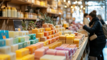 Obraz premium Handmade soap store with colorful soaps, aromatic atmosphere, customers testing scents