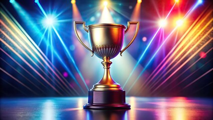 Esports cup trophy award on colorful background with spotlights from bird eye view