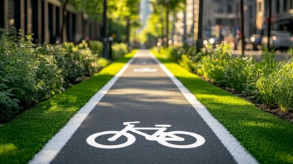 Obraz premium Paved pathway park urban area is lined green A network of bike