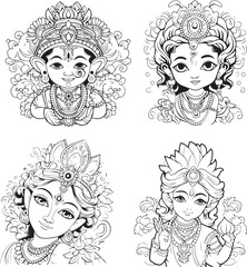 Hindu Lord Shree Krishna Set Vector Coloring Page