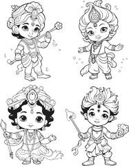 Hindu Lord Shree Krishna Set Vector Coloring Page