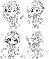Hindu Lord Shree Krishna Set Vector Coloring Page