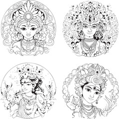 Hindu Lord Shree Krishna Set Vector Coloring Page