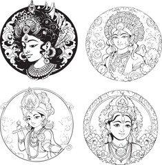Hindu Lord Shree Krishna Set Vector Coloring Page