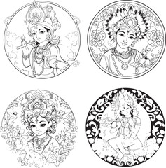 Hindu Lord Shree Krishna Set Vector Coloring Page