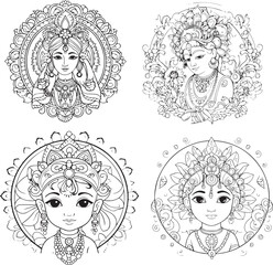Hindu Lord Shree Krishna Set Vector Coloring Page