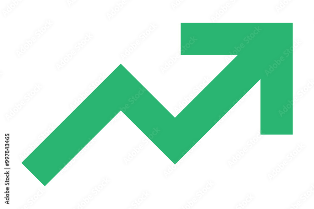 Poster long arrow growing pointing up on chart graph bars icon, success graph trending upwards flat design 