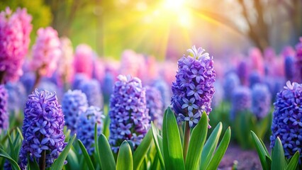 Obraz premium Ethereal atmosphere in garden panoramic created by hyacinth blossoms