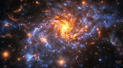 A swirling galaxy with orange and blue nebulas and scattered stars.