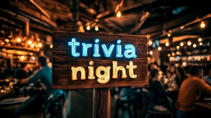 Photograph wooden sign that reads "Trivia Night" neon