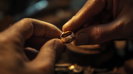 A close-up of a jeweler polishing a gold ring with a soft cloth.