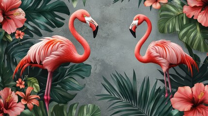 Tropical Vintage Flamingo Pattern, a vibrant design featuring pink flamingos, hibiscus flowers, and palm leaves on a grey background, perfect for exotic jungle decor.