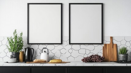 Modern Kitchen Interior with Two Blank Frames