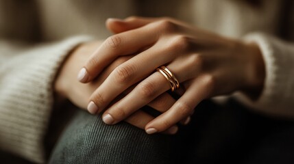 Obraz premium A couple's hands with matching wedding bands placed gently on top of each other.
