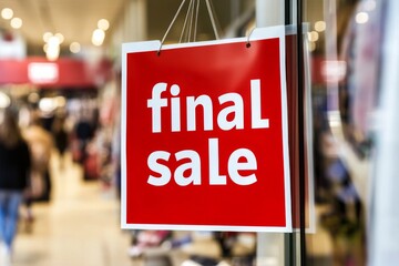 Red white sign hanging from window store reads photographed large