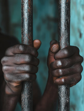 Close-up of a person's hands gripping the bars of a rusty prison cell, portraying a sense of confinement and resilience.