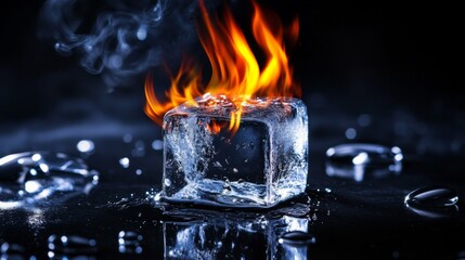 Single ice cube black surface water droplets scattered Burning