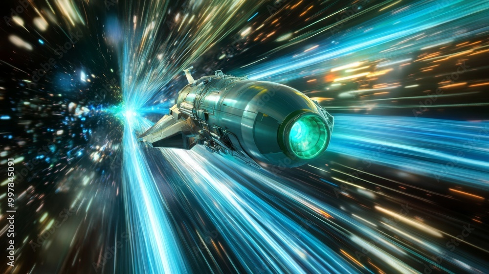Poster a sleek, advanced spaceship propels forward through a colorful wormhole, leaving streaks of light in
