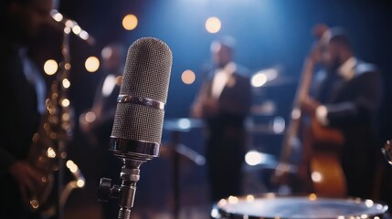 An elegant vintage microphone takes center stage, with blurred tuxedo-clad musicians and soft lights in the background, evoking a classic, jazz club vibe.