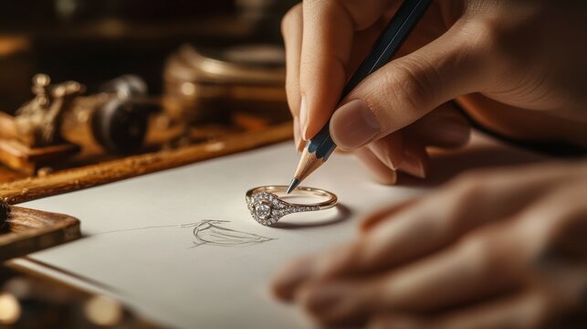 A jeweler sketching out a ring design on paper with a pencil.