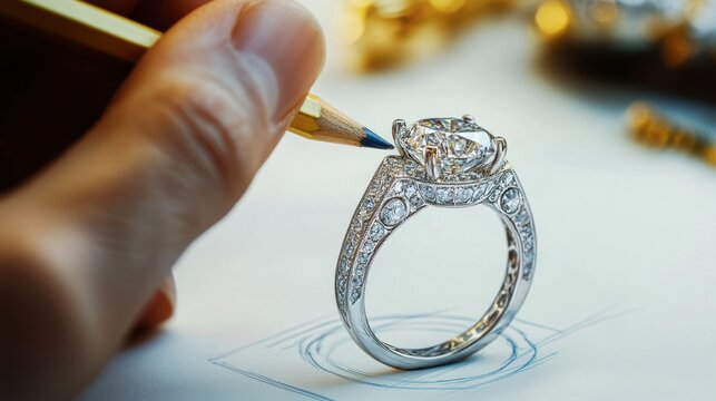A jeweler sketching out a ring design on paper with a pencil.