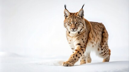 Eurasian Lynx walking on white background, Worm's Eye View