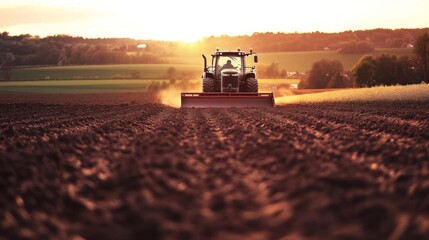 Fototapeta premium Tractor plowing field sunset is center image plow In spring farmers use