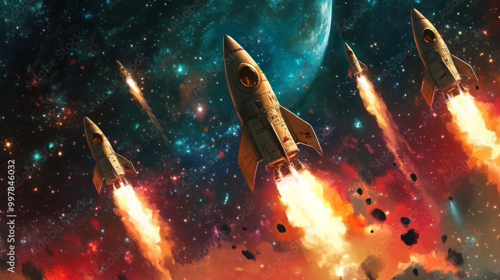 Poster rockets soar into space, leaving trails of flame as they embark on their interstellar journey