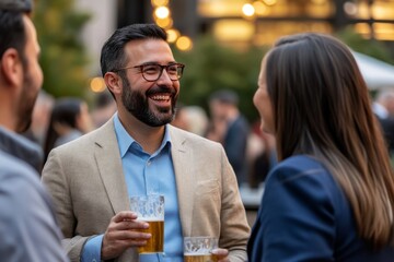 Two men woman engaged conversation outdoor event man A group of professionals