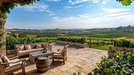 A luxurious vineyard patio with stone flooring, heavy wooden furniture, and expansive views of rolling hills and grape vines
