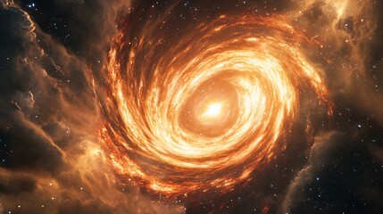 Obraz premium A swirling vortex of fiery gas and dust in space with a bright star at the center.