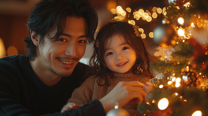 クリスマスツリーを飾る家族