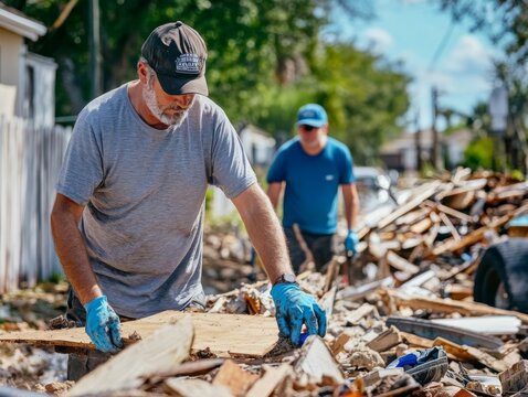 Two men working pile rubble debris street man Residents cleaning up their