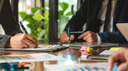 Business professionals collaborating on project, analyzing charts and graphs, with focus on teamwork and productivity. workspace is filled with documents, pens, and digital devices, creating dynamic e