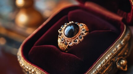 Obraz premium A ring with a black onyx stone displayed on a velvet jewelry box.