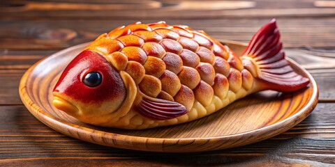 Delightful Japanese fish-shaped pastry filled with sweet red bean paste, elegantly presented on a rustic wooden table,