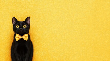 A small black kitten with a bright yellow bow sitting against a yellow golden background. Perfect for Black Friday or festive sales promotions.