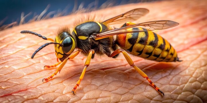 Detailed close-up images capture the effects of wasp stings on skin, highlighting the associated swelling and redness