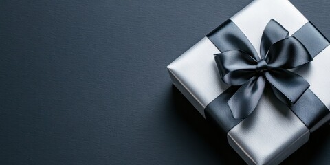 A silver and black wrapped gift box with a sleek black bow, placed against a black background. Great for Black Friday branding and holiday gift promotions.