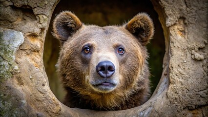Obraz premium Excited and curious bear peeking through a hole